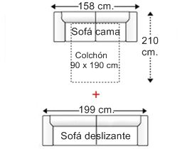 Conjunto sofá 2 plazas con cama apertura italiana y colchón de 90 x 190 cm. + sofá 3 plazas deslizante