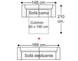 Conjunto sofá 2 plazas con cama apertura italiana y colchón de 90 x 190 cm. + sofá 3 plazas deslizante brazos reducidos