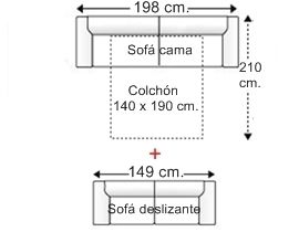 Conjunto sofá 3 plazas con cama apertura italiana y colchón de 140 x 190 cm. + sofá 2 plazas deslizante brazos reducidos