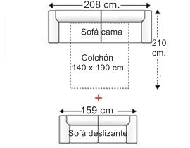 Conjunto sofá 3 plazas con cama apertura italiana y colchón de 140 x 190 cm. + sofá 2 plazas deslizante