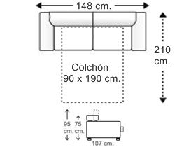 Sofá 2 plazas con cama apertura italiana y colchón de 90 x 190 cm. brazos reducidos