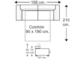 Sofá 2 plazas con cama apertura italiana y colchón de 90 x 190 cm