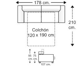 Sofá 2,5 plazas con cama apertura italiana y colchón de 120 x 190 cm. brazos reducidos