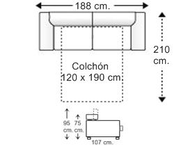 Sofá 2,5 plazas con cama apertura italiana y colchón de 120 x 190 cm