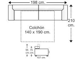 Sofá 3 plazas con cama apertura italiana y colchón de 140 x 190 cm. brazos reducidos