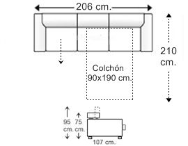 Sofá 3,5 plazas con cama apertura italiana y colchón de 90 x 190 cm. + asiento deslizante derecha brazos reducidos