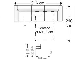 Sofá 3,5 plazas con cama apertura italiana y colchón de 90 x 190 cm. + asiento deslizante derecha