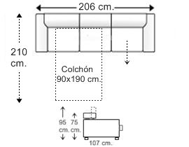 Sofá 3,5 plazas con cama apertura italiana y colchón de 90 x 190 cm. + asiento deslizante izquierda brazos reducidos