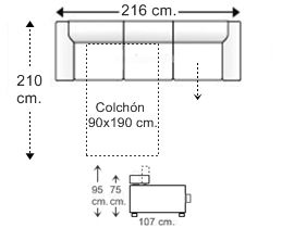 Sofá 3,5 plazas con cama apertura italiana y colchón de 90 x 190 cm. + asiento deslizante izquierda