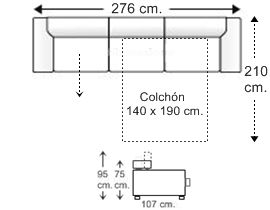 Sofá 5 plazas con cama apertura italiana y colchón de 140 x 190 cm. + asiento deslizante derecha brazos reducidos