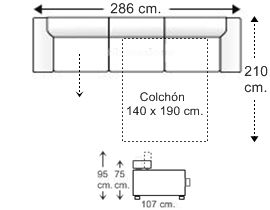 Sofá 5 plazas con cama apertura italiana y colchón de 140 x 190 cm. + asiento deslizante derecha