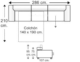 Sofá 5 plazas con cama apertura italiana y colchón de 140 x 190 cm. + asiento deslizante izquierda