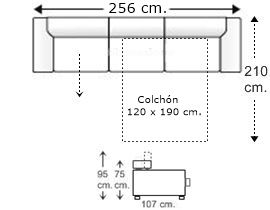 Sofá 4 plazas con cama apertura italiana y colchón de 120 x 190 cm. + asiento deslizante derecha