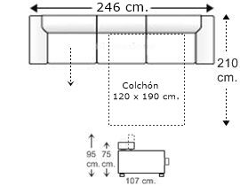 Sofá 4 plazas con cama apertura italiana y colchón de 120 x 190 cm. + asiento deslizante derecha brazos reducidos