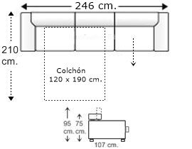 Sofá 4 plazas con cama apertura italiana y colchón de 120 x 190 cm. + asiento deslizante izquierda brazos reducidos