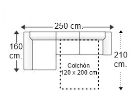 Sofá 2,5 plazas apertura italiana colchón 120 x 200 cm. y chaise longue arcón derecho brazos reducidos