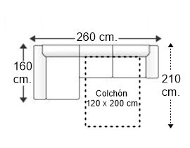 Sofá 2,5 plazas apertura italiana colchón 120 x 200 cm. y chaise longue arcón derecho