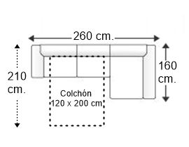 Sofá 2,5 plazas apertura italiana colchón 120 x 200 cm. y chaise longue arcón izquierdo
