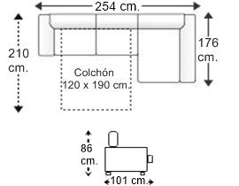 Sofá 2,5 plazas cama apertura italiana colchón de 120 x 190 cm. y chaise longue arcón izquierda