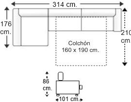 Sofá 3,5 plazas cama apertura italiana colchón de 160 x 190 cm. y chaise longue arcón derecha