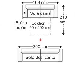 Conjunto sofá 2 plazas con cama apertura italiana y colchón de 90 x 190 cm. con 1 brazo arcón + sofá 3 plz. asientos deslizantes