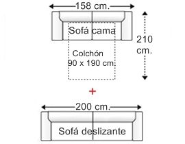 Conjunto sofá 2 plazas con cama apertura italiana y colchón de 90 x 190 cm. + sofá 3 plazas asientos deslizantes