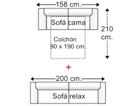 Conjunto sofá 2 plazas con cama apertura italiana y colchón de 90 x 190 cm. + sofá 3 plazas asientos relax motor
