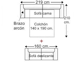 Conjunto sofá 3 plazas con cama apertura italiana y colchón de 140 x 190 cm. con 1 brazo arcón + sofá 2 plz. asientos deslizantes