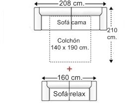 Conjunto sofá 3 plazas con cama apertura italiana y colchón de 140 x 190 cm. + sofá 2 plazas asientos relax motor