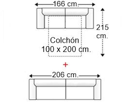 Conjunto sofá cama 2 plazas con colchón de 100 x 200 cm. y sofá cama 3 plazas fijo