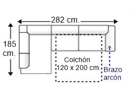 Sofá esquinero 3,5 plazas brazo arcón con cama apertura italiana y colchón 120 x 200 cm. derecha