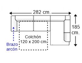 Sofá esquinero 3,5 plazas brazo arcón con cama apertura italiana y colchón 120 x 200 cm. izquierda
