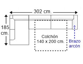 Sofá esquinero 4 plazas brazo arcón con cama apertura italiana y colchón 140 x 200 cm. derecha