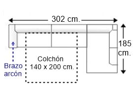 Sofá esquinero 4 plazas brazo arcón con cama apertura italiana y colchón 140 x 200 cm. izquierda