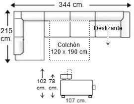 Sofá esquinero 5 plazas con cama apertura italiana colchón de 120 x 190 cm. y asiento deslizante derecha