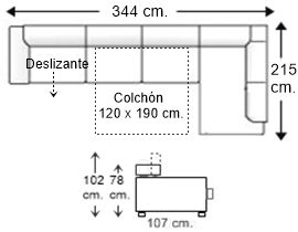 Sofá esquinero 5 plazas con cama apertura italiana colchón de 120 x 190 cm. y asiento deslizante izquierda