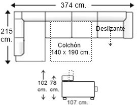 Sofá esquinero 6 plazas con cama apertura italiana colchón de 140 x 190 cm. y asiento deslizante derecha