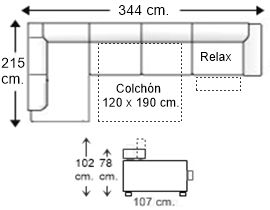 Sofá esquinero 5 plazas con cama apertura italiana colchón de 120 x 190 cm. y asiento relax motor derecha