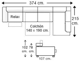 Sofá esquinero 6 plazas con cama apertura italiana colchón de 140 x 190 cm. y asiento relax motor izquierda
