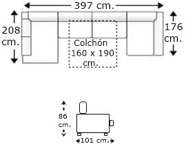 Sofá rinconera 4,5 plazas con chaise longue, cama apertura italiana y colchón de 160 x 190 cm. y rincón chaise longue derecha