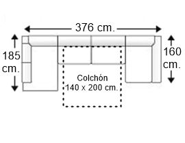 Sofá rinconera en “U” 4 plazas con cama apertura italiana colchón 140 x 200 cm. y chaise longue arcón derecha