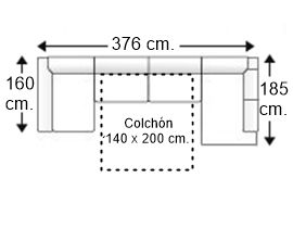 Sofá rinconera en “U” 4 plazas con cama apertura italiana colchón 140 x 200 cm. y chaise longue arcón izquierda