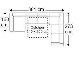 Sofá rinconera en “U” 5 plazas con cama apertura italiana colchón 140 x 200 cm. y chaise longue arcón izquierda