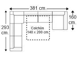 Sofá rinconera en “U” 6 plazas con cama apertura italiana colchón 140 x 200 cm. y chaise longue arcón derecha.