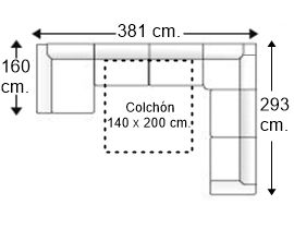 Sofá rinconera en “U” 6 plazas con cama apertura italiana colchón 140 x 200 cm. y chaise longue arcón izquierda