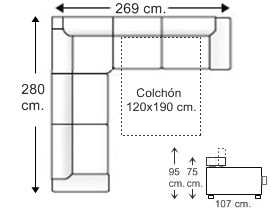 Sofá rinconera simétrica 5 plazas con cama apertura italiana colchón de 120 x 190 cm. derecha