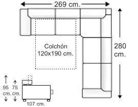 Sofá rinconera simétrica 5 plazas con cama apertura italiana colchón de 120 x 190 cm. izquierda