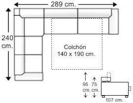 Sofá rinconera asimétrica 5 plazas con cama apertura italiana colchón de 140 x 190 cm. derecha