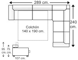 Sofá rinconera asimétrica 5 plazas con cama apertura italiana colchón de 140 x 190 cm. izquierda