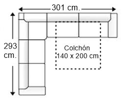 Sofá rinconera 6 plazas con cama apertura italiana y colchón 140 x 200 cm. derecha